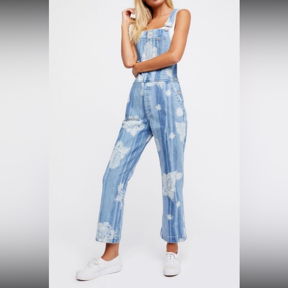 Free People Denim Botanical Paisley Overalls